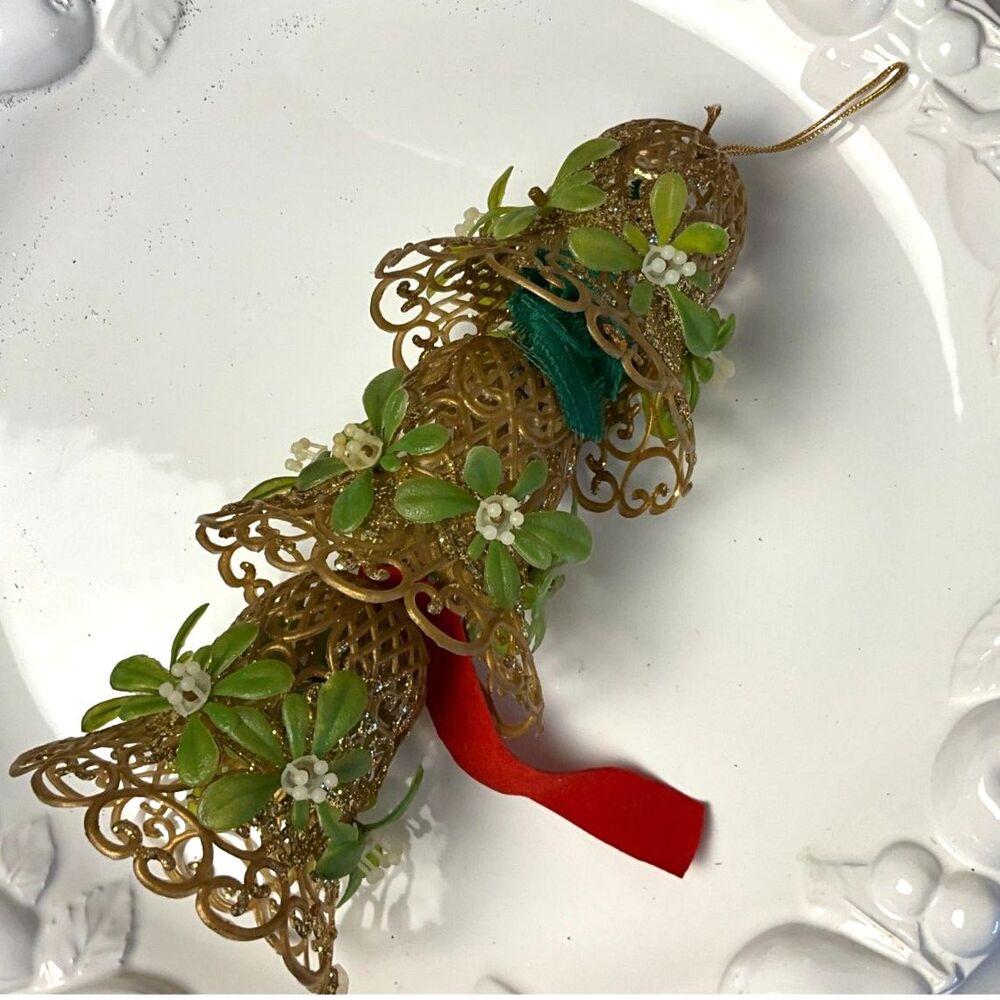 Vintage Gold Filigree Christmas Bells with Mistletoe Red Ribbon stacking bells